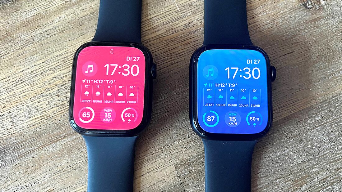 Apple Watch 7 (links) und Series 8 im Vergleich: Gehäuse, Größe und Display sind identisch
