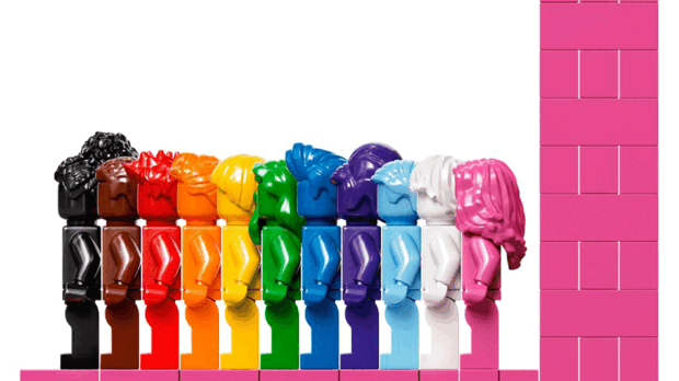 Das Foto zeigt das Lego-Set "Alle sind fantastisch". Zu sehen sind elf bunte Lego-Figuren in Regenbogenfarben.
