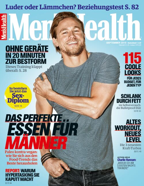 Das Men's Health-Cover der September-Ausgabe 2015 mit Titelheld Charlie Hunnam