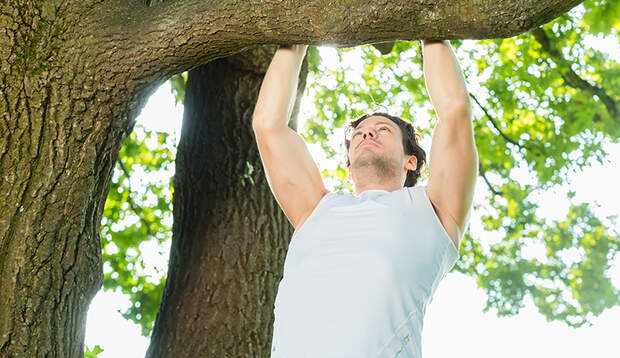 Der Klimmzug am Ast gehört zu den Klassikern unter den Outdoor-Fitness-Übungen