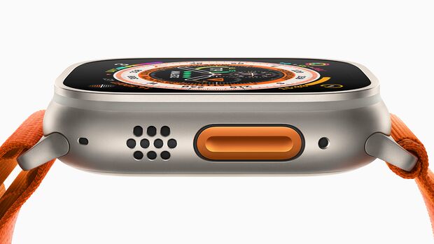 Neu ist ein Knopf auf der linken Seite der Apple Watch, der Aktionsbutton, den man mit einer von 8 Funktionen belegen kann