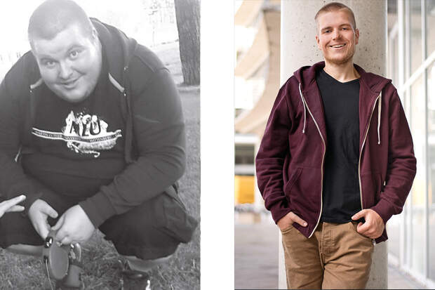 Robert hat 90 Kilo abgenommen: vorher wog er 180 Kilo, nachher 90 Kilo